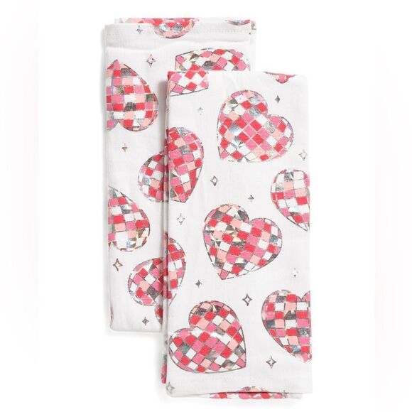 NM Valentine’s Day Pink White Gray Metallic Silver Cotton Tea Kitchen Towels 2pk - Picture 1 of 10